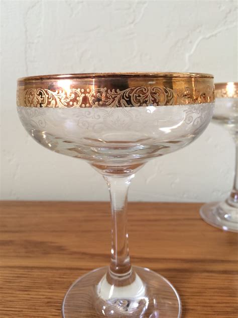 Vintage Cellini Gold Rim Etched Champagne Glasses Set Of 4