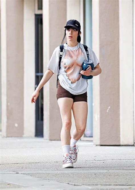 billie eilish rocks topless  shirt bike shorts  gym outing hollywood life