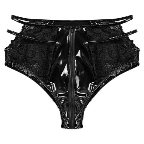 Iefiel Women Black Sexy High Waist Shiny Leather Underwear Hollow Out