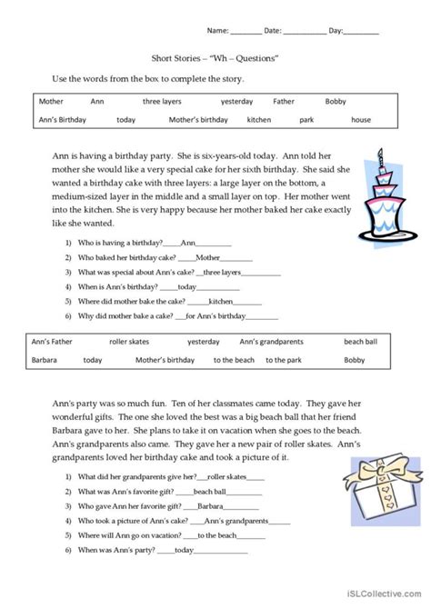 short stories wh questions answers english esl worksheets