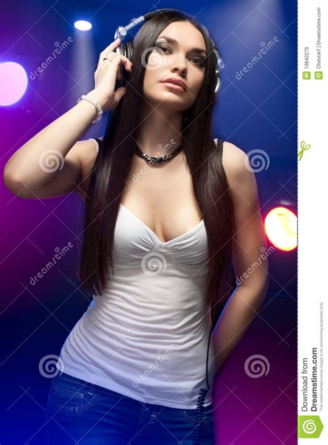 Beautiful Woman Dj Wearing Headphones Stock Image Image