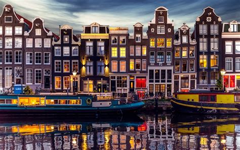 wallpapers amsterdam canal evening city houses embankment netherlands  desktop