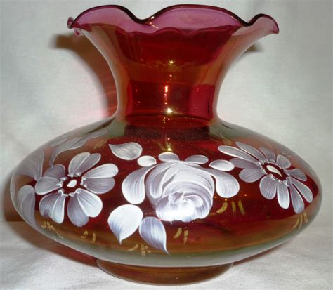 Vintage Fenton Cranberry Glass Vase Painted Flowers Roses Garden