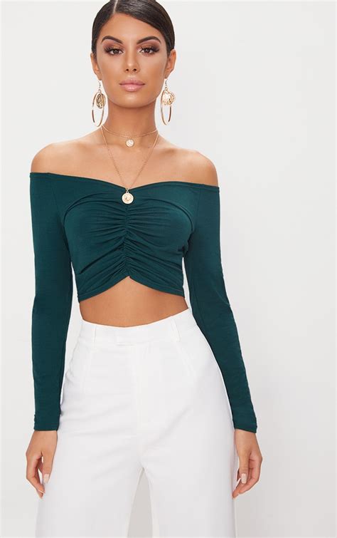 emerald green ruched top tops prettylittlething