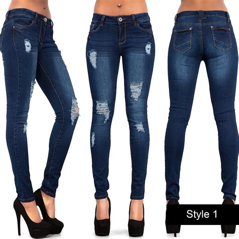 New Ladies Women Blue Black Ripped Skinny Jeans Slim Fit Stretch Denim