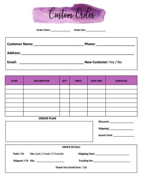 small business  printable order forms