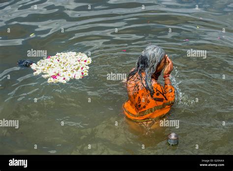 An Indian Women Having A Bath In Ana Sagar Lake In Ajmer India After