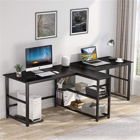 inches  person desk double computer desk  storage shelves extra long  people