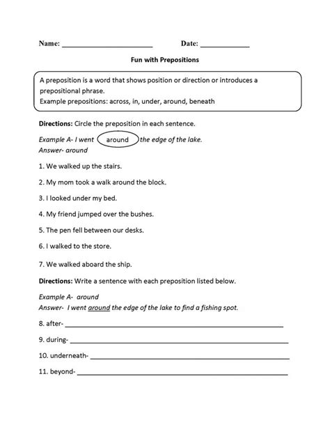 identifying prepositions worksheet works prepositional phrases