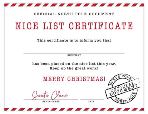 printable nice list certificate signed  santa
