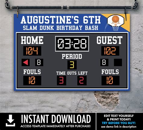 basketball scoreboard printable  poster scoreboard sign basketball birthday