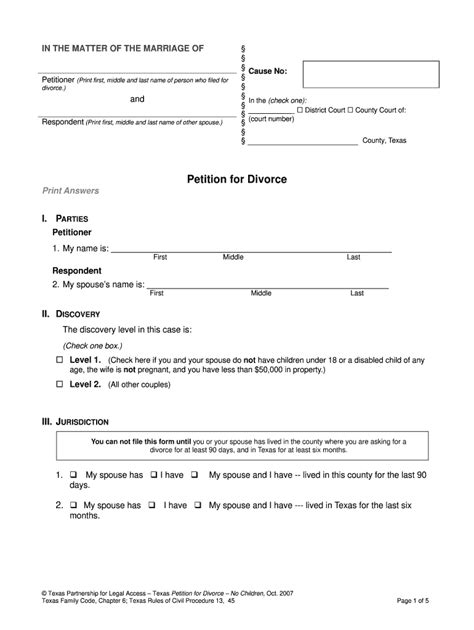 printable divorce papers  texas printable templates