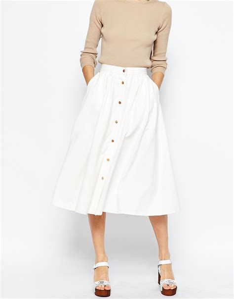 asos denim high waisted button through midi skirt in white lyst