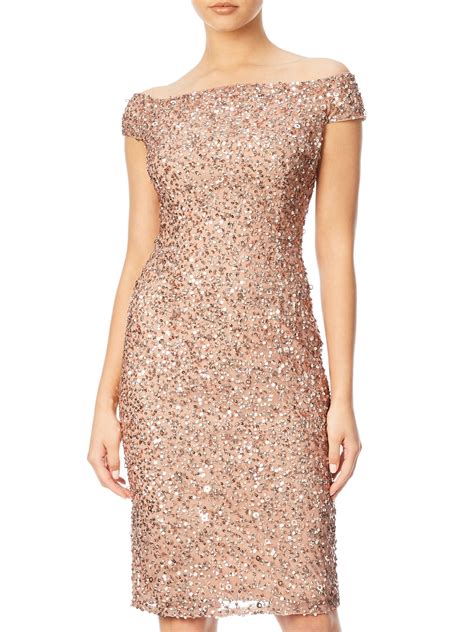 adrianna papell off shoulder bead dress rose gold