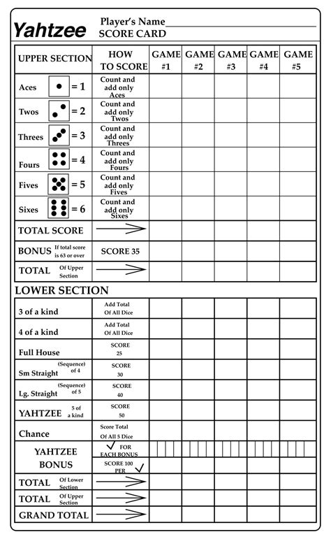 yahtzee score card printable  printable templates