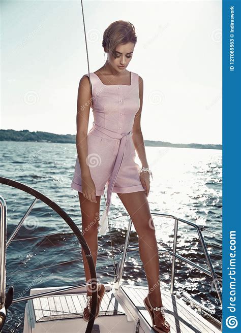 Beautiful Brunette Girl In Dress Makeup Summer Trip Yacht Stock Image