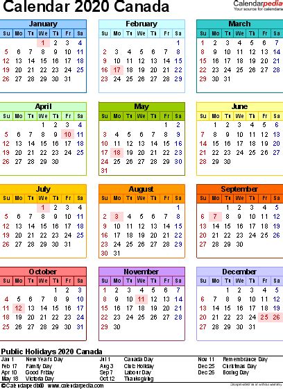 canada calendar printable word templates