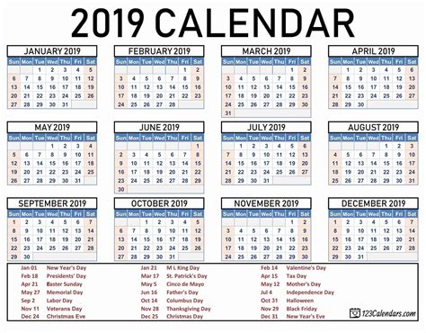 calendar printable  holidays list  calendar