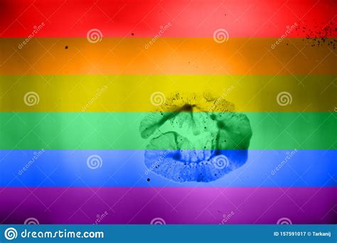 rainbow flag lips imprint on lgb background homosexual lesbian couple