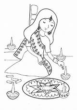Diwali Coloring Festival Rangoli Girl Painting Drawing Deepavali Colouring Pages Getdrawings sketch template