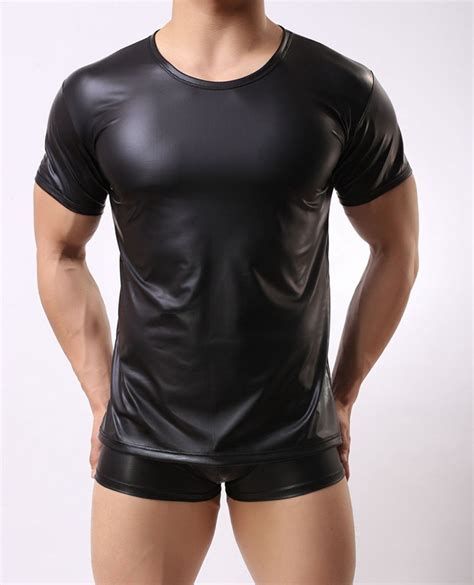 2017 Sexy Men S Fun Patent Leather Black T Shirt Tops Tees Men Wet Look