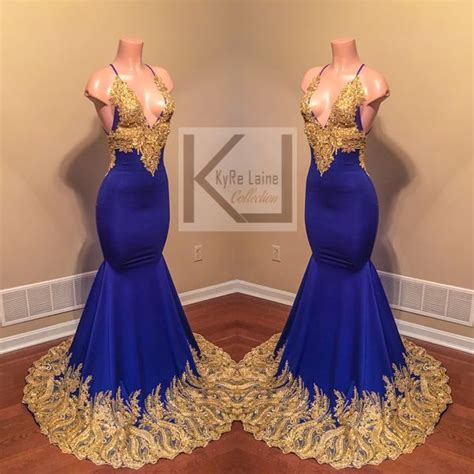royal blue prom mermaid dress  gold trim   bottom    chest area  sale