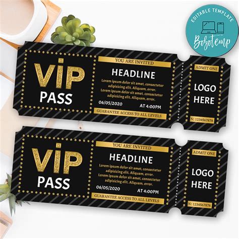 printable gold vip pass admission ticket template diy bobotemp