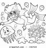 Girl Snorkeling Clipart Jellyfish Lineart Illustration Visekart Royalty Vector sketch template