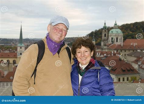 Middle Age Senior Smiling Man Woman Tourist Couple Castle District