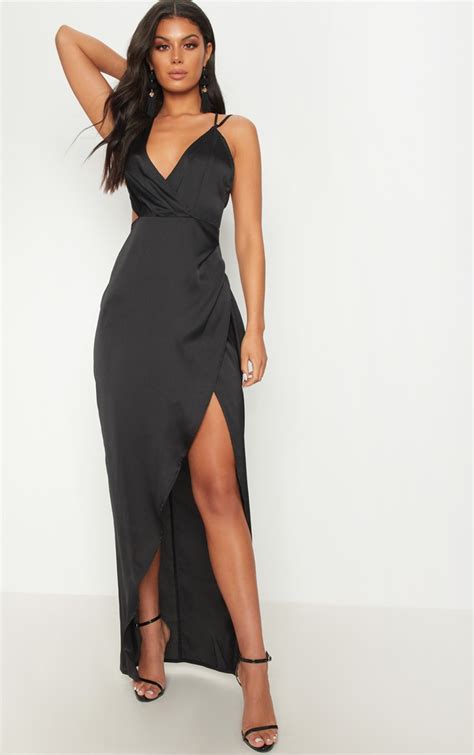 black asymmetric sleeve cut out split leg maxi dress