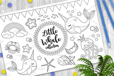 whale unicorn set coloring animal illustrations creative market