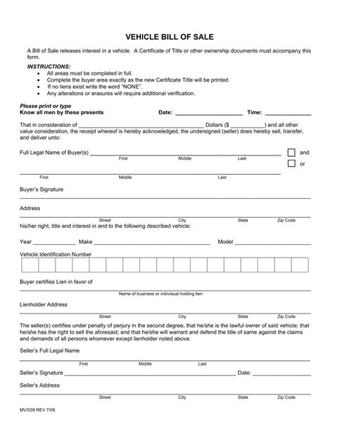 fillable vehicle bill  sale form  templates