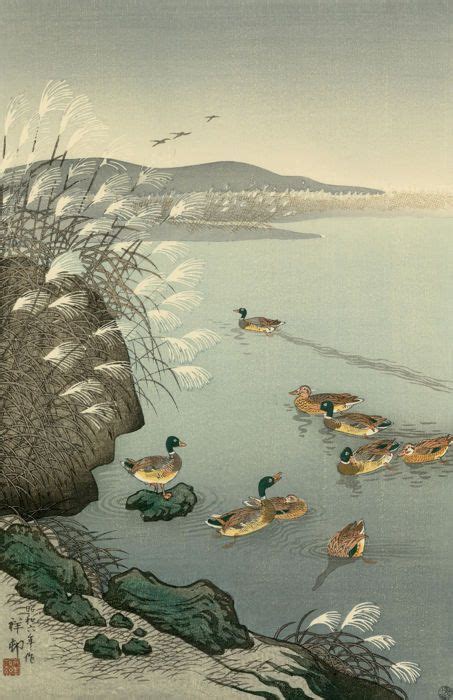 original woodblock print ohara koson   susuki ni kamo wild ducks  pampas