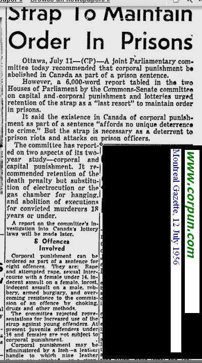 Judicial And Prison Flogging And Strapping Canada July 1956 Corpun