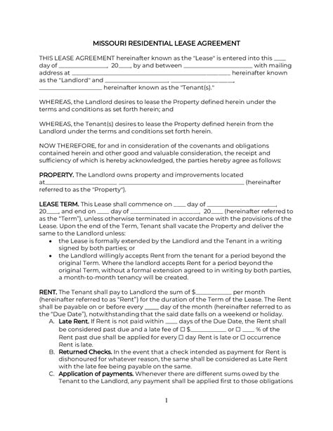 missouri lease agreement   official  word