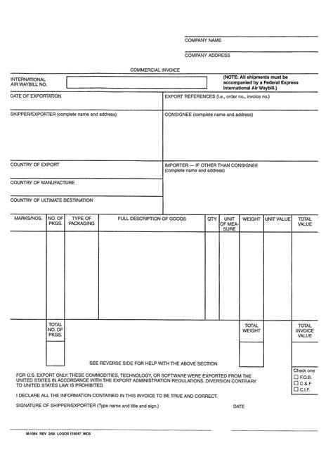 word printable commercial invoice template printable templates