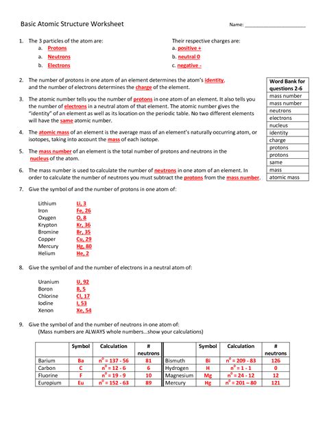 atomic structure worksheet answer chart worksheetocom