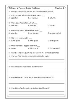 judy blume tales   fourth grade  worksheets  peter