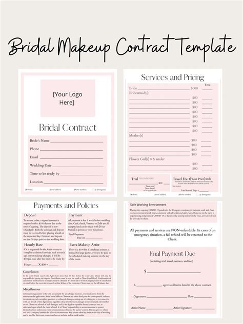 editable bridal makeup contract template etsy