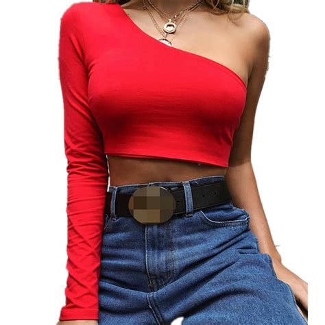 One Shoulder Slope Neckline T Shirt Sexy Solid Long Sleeve