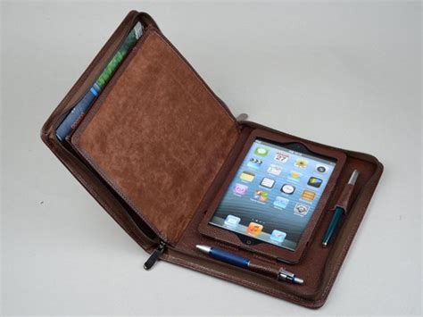 coffee leather ipad mini zipper portfolio case  notepad holder  ipad mini business carrying
