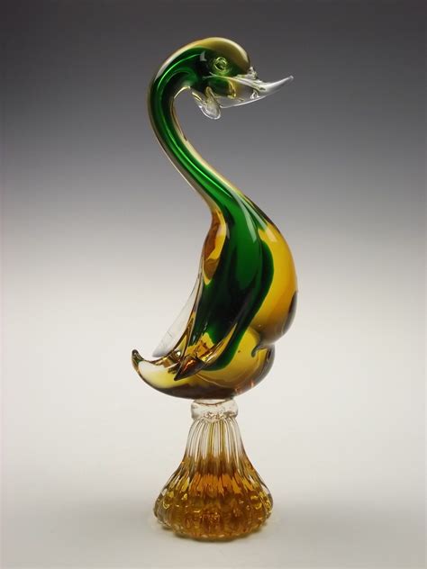 Murano Sommerso Green And Yellow Vintage Glass Bird Sculpture