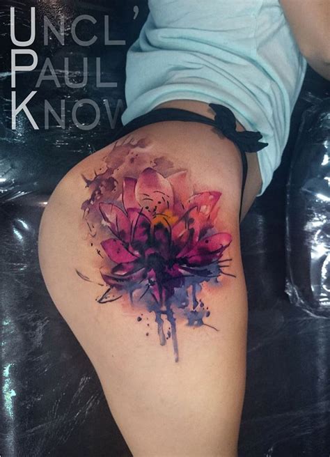 Watercolor Tattoo Lotus Flower On Girls Hip Best
