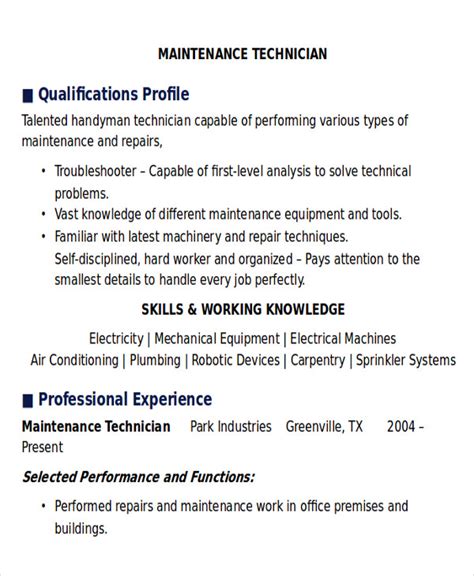 sample maintenance technician resume templates  ms word