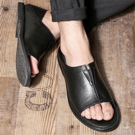 2016 Summer Men Shoes Sandals Leather Open Toe Slip On Mens Flats