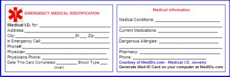 printable medical id cards medical emergency card  medical