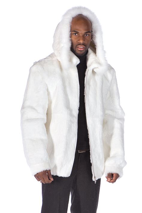 mens real rabbit fur hooded jacket zippered parka  detachable hood white ebay