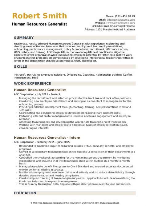 human resources generalist sample resume resume template