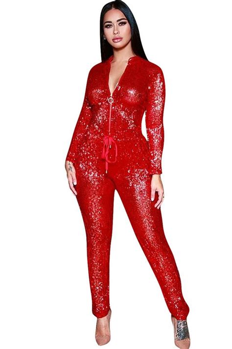 Hualong Sexy Night Club Long Sleeve Red Sequin Jumpsuit
