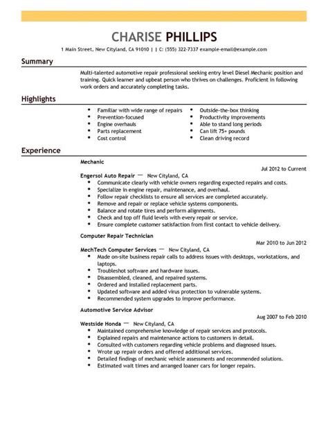 professional entry level mechanic resume examples livecareer